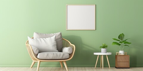 Contemporary living room decor with rattan chair, mockup poster frame, side table, and artistic accessories. Green wall. Template. Empty area.