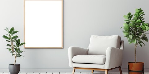 Modern living room design with poster frame, armchair, shelf, side table, plants, and unique accessories. Eucalyptus wall. Home staging. Template. Copy space.