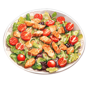 Caesar salad with parmesan, cherry tomatoes and chicken watercolor illustration png isolated on a transparent background, food clipart 