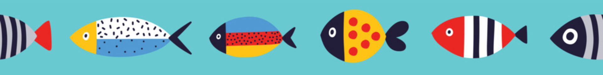 Vector seamless horizontal border with fish. Cute illustration. - obrazy, fototapety, plakaty