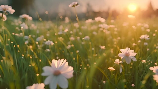 Field of daisies at sunset with warm light. Nature and tranquility.