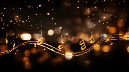 music note on a black background, blurry lights, gold musical note, bokeh, abstract background,...