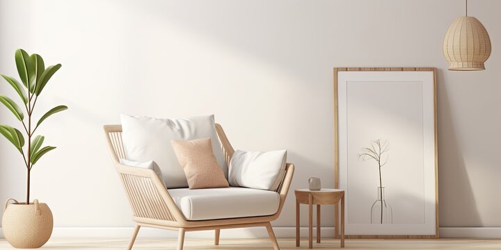 Scandinavian living room with a mock up poster frame, rattan armchair, and stylish home decor.