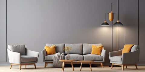 Cozy grey sofa, armchair, and lamps in living room.