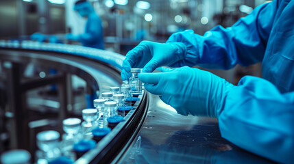 Pharmacist scientist with sanitary gloves examining medical vials on production line conveyor belt in pharmaceutical healthcare factory manufacturing prescription drugs medication mass production - obrazy, fototapety, plakaty