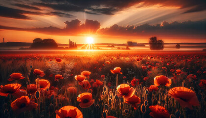 Sunrise over a field of blooming poppies.