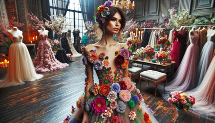 High fashion model in a dress made of spring flowers. - obrazy, fototapety, plakaty