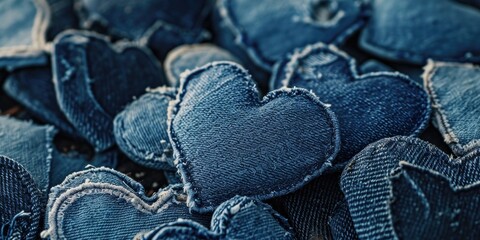 Background of handmade hearts made of denim material, gift for Valentine's Day, banner, flat lay, top view