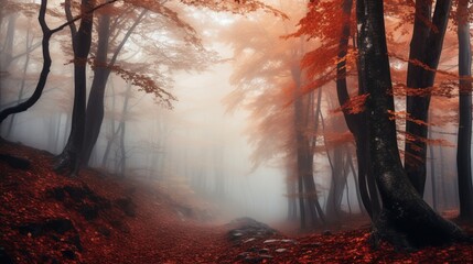 A dense fog covering a mystical forest, with trees adorned in autumn colors