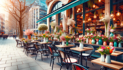 Fototapeta na wymiar Café terrace adorned with vases of spring flowers.