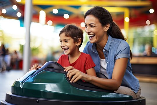 Action photo of a parent and child enjoying a fun theme park bumper car ride together