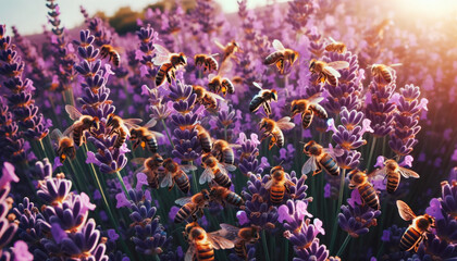 Busy bees pollinating a bed of lavender. - obrazy, fototapety, plakaty