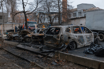 Shahed blew up houses. A bombed residential building and burnt cars after the strike. War in...