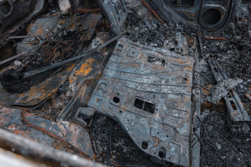 Shahed blew up houses. A bombed residential building and burnt cars after the strike. War in...