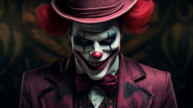 Portrait of a scary clown on a dark background. Halloween.