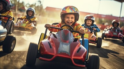 A group of children raced around the track in their colorful go-karts,