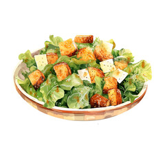 Caesar salad with parmesan watercolor illustration png isolated on a transparent background, food clipart 