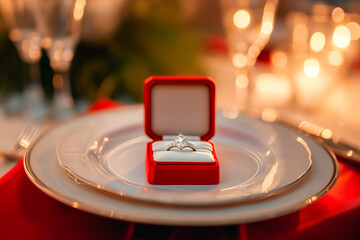 Proposal Elegance: Engagement Ring in a Red Velvet Box on a Romantic Dinner Setting