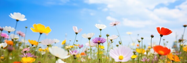 Beautiful flowers bloom with blue sky in the spring field