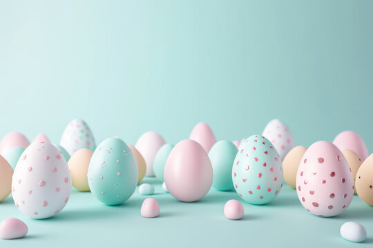 Lots of Easter eggs in trendy pastel candy colors. Festive background.