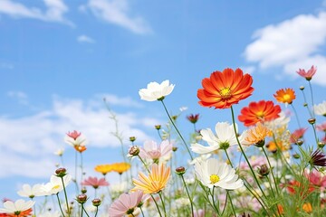 Obraz premium Colorful flowers and blue sky and white clouds, Side view, long exposure photography, realistic,