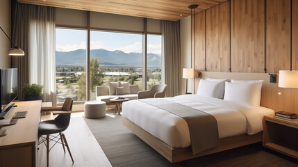 Modern design of a luxury hotel room interior.