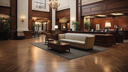 Interior of a luxury hotel lobby. Comfortable furniture and spacious living spaces for guests.  - obrazy, fototapety, plakaty