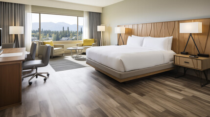 Spacious interior of a modern hotel room. King bed and hard wood floors.