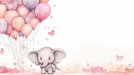 copy space, birth card in watercolor style, pastel pink colors and golden glitters, sweet elephant holding balloons with his trunk. Cute birth announcement card. Template voor birth cards, cute baby