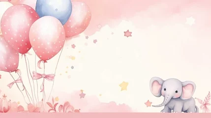 Foto op Aluminium copy space, birth card in watercolor style, pastel pink colors and golden glitters, sweet elephant holding balloons with his trunk. Cute birth announcement card. Template voor birth cards, cute baby © Dirk