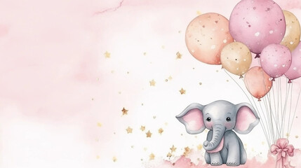 copy space, birth card in watercolor style, pastel pink colors and golden glitters, sweet elephant holding balloons with his trunk. Cute birth announcement card. Template voor birth cards, cute baby - obrazy, fototapety, plakaty