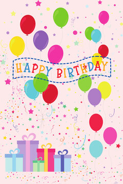Greeting card, happy birthday poster with the image of balloons, gifts, and the inscription "Happy Birthday"