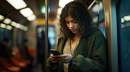 Young woman is looking at her phone on a subway, in the style of dark emerald and orange, drugcore, unpolished, busy landscapes, soft-edged, language-based, grey academia