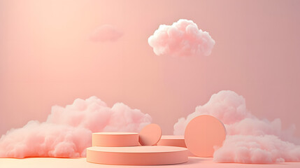 Peach Fuzz is color trend of the Year 2024 . 3d pink rendering with podium and minimal cloud scene, minimal product display background. Stage 3d render in cloud product platform