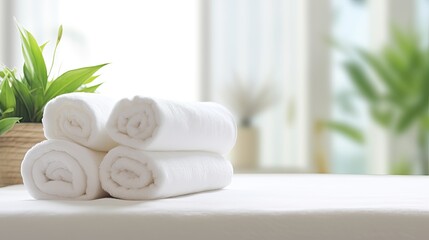 Roll up of white towels on white table with copy space on blurred living room background
