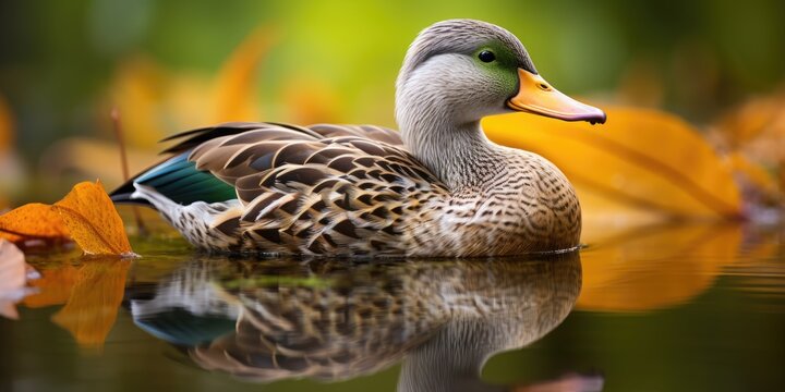 Realistic Wildlife: An exquisite photograph of a duck in its natural habitat, showcasing the intricate details of its feathers and the serene surroundings. Shot with a high-resolution DSLR camera. 