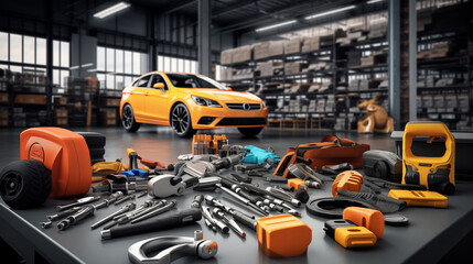 Car repair shop with spare parts and tools in the foreground and yellow vehicle in the background. car in the workshop - obrazy, fototapety, plakaty