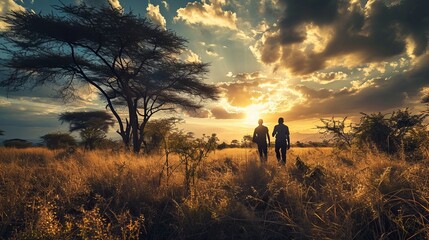 Silhouetted Couple Walking Hand in Hand Amidst Golden Grass at Sunset
