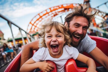 The children ran into the amusement park with their parents in their hands and laughing, macro...