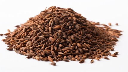 an isolated pile of whole cumin seeds on a pristine white surface, capturing the spice's rich brown color and distinct crescent shape.