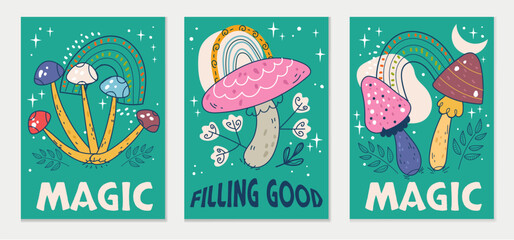 Mushroom bohemian magic psychedelic flyers isolated set. Vector flat graphic design illustration