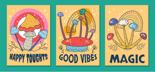 Mushroom bohemian magic psychedelic flyers isolated set. Vector flat graphic design illustration