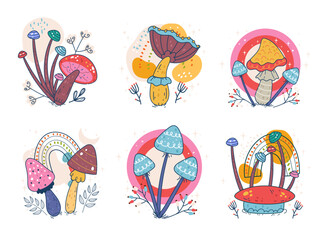 Boho magic forest esoteric mystical mushroom isolated set. Vector flat graphic design illustration