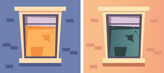 Night day window house building concept. Vector flat graphic design illustration