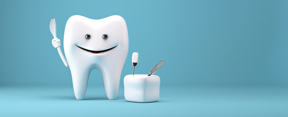 3d tooth with brush against blue background, world Oral day, world dentist day, oral and mouth care .