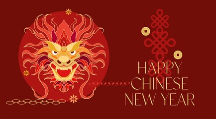 Chinese New Year poster (banner template) made of simple, flat graphic elements in Asian style. Cute digital illustration ideal for printing, branding, social media, scrapbooking and DIY