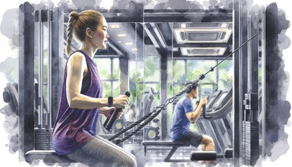 Fototapeta na wymiar The image is a watercolor of a woman exercising at a gym.