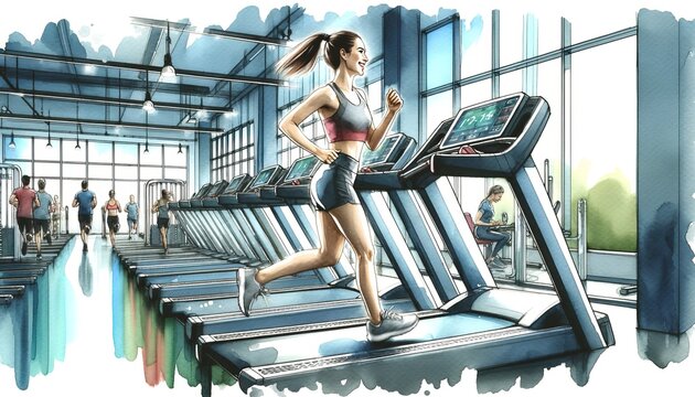 The image shows a woman running on a treadmill in a busy gym.