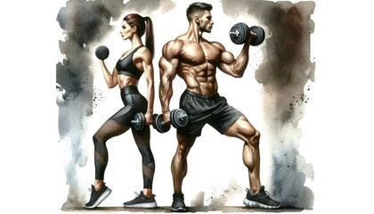 Fototapeta na wymiar The image shows a watercolor-style illustration of a man and woman lifting weights side by side, exuding strength and focus.