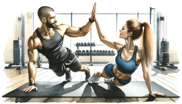 The image depicts a watercolor-style illustration of a man and a woman in a gym, giving each other a high-five while performing side planks.